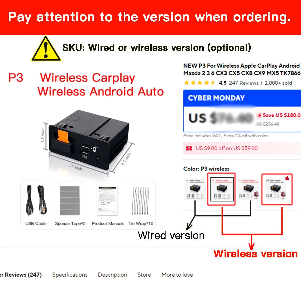 NEW P2 Wired or P3 Wireless For CarPlay Android Auto Adapter USB Hub OEM Retrofit Mazda 2 3 6 CX3 CX5 CX8 CX9 MX5 TK78669U0C Kit