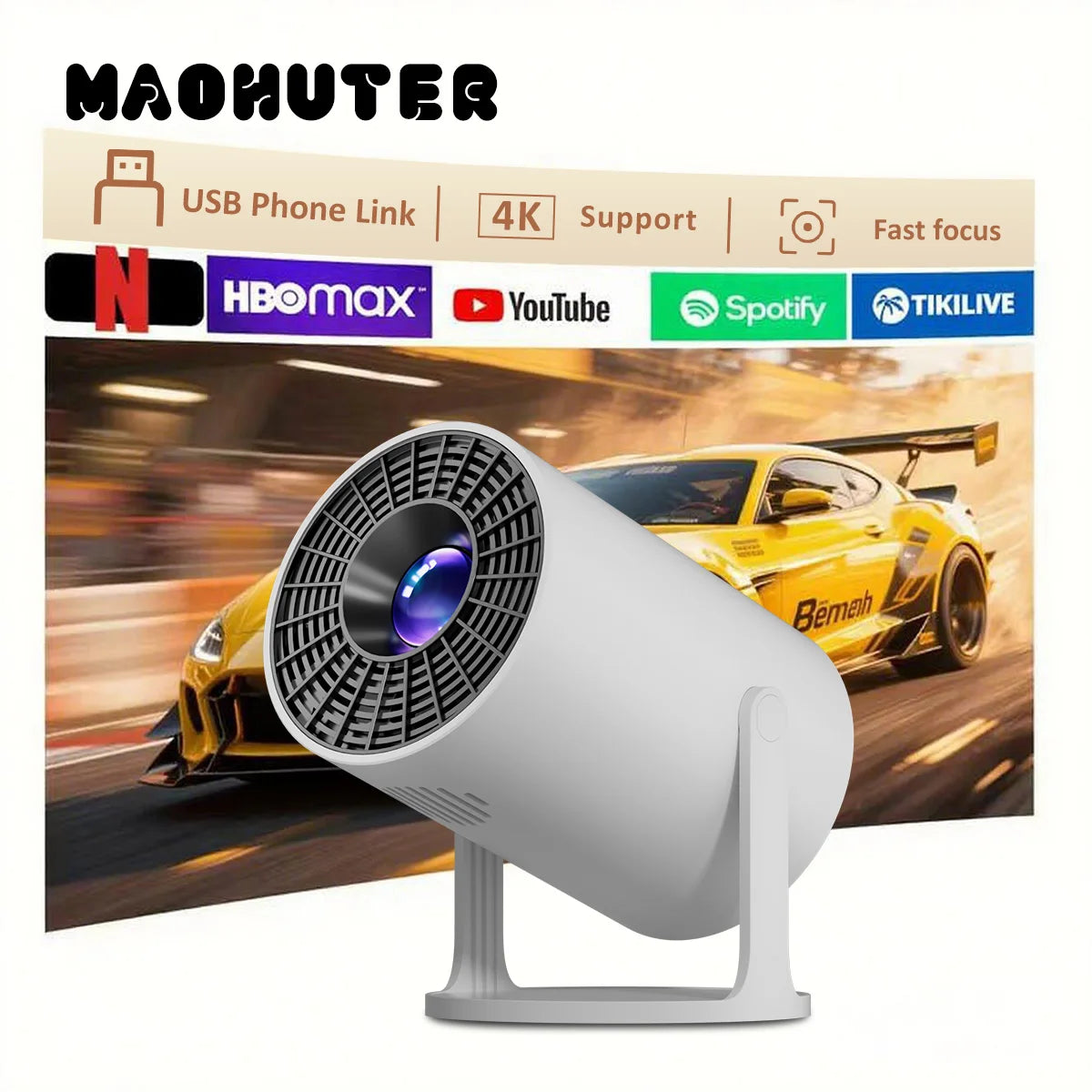 4K Decoding Native 1080P Mini Projector with Short-Throw Projection, Supporting 270° Rotation and Compatible with Laptops, Smart